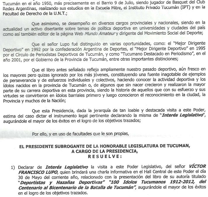 Tucumán: DECLARACIÓN DE INTERÉS DE LA LEGISLATURA TUCUMANA
