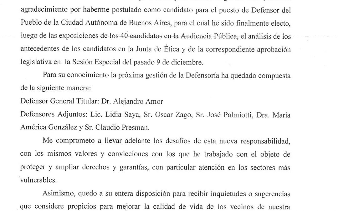 Ciudad de Buenos Aires: Nuevo Defensor del Pueblo, Alejandro Amor