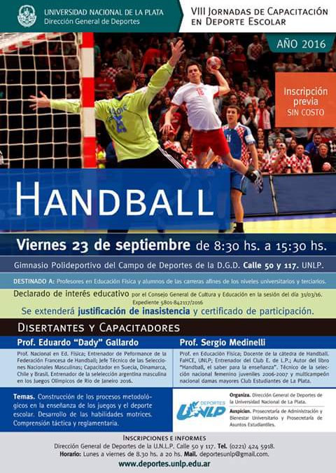 La Plata: HANDBALL – VIII JORNADAS DE CAPACITACIÓN EN DEPORTE ESCOLAR