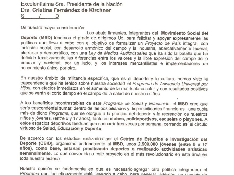 El Movimiento Social del Deporte propone: UN PROYECTO PARA MASIFICAR EL DEPORTE